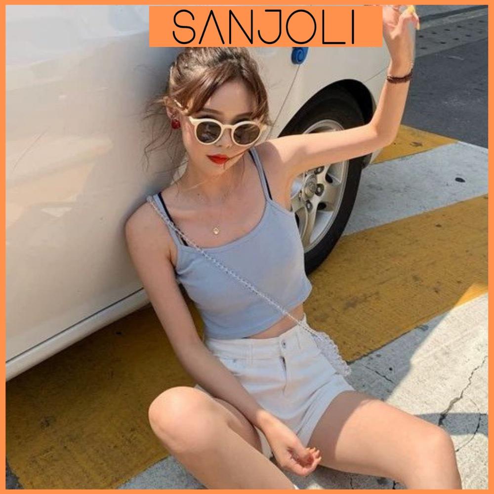 Áo Croptop 2 Dây SANJOLI Thiết Kế Ôm Body Sexy Gợi Cảm Chất Thun Len Gân 4 Màu Đen Trắng  AO022
