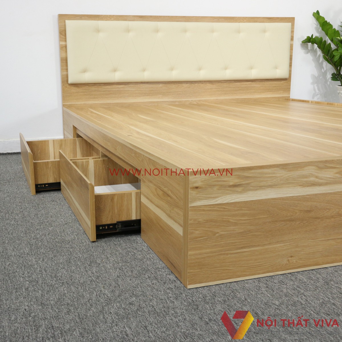 Giường Ngủ Gỗ MDF Melamine Vân Gỗ Vàng Sọc Có Hộc Kéo + Đầu Nệm Kem Đẹp
