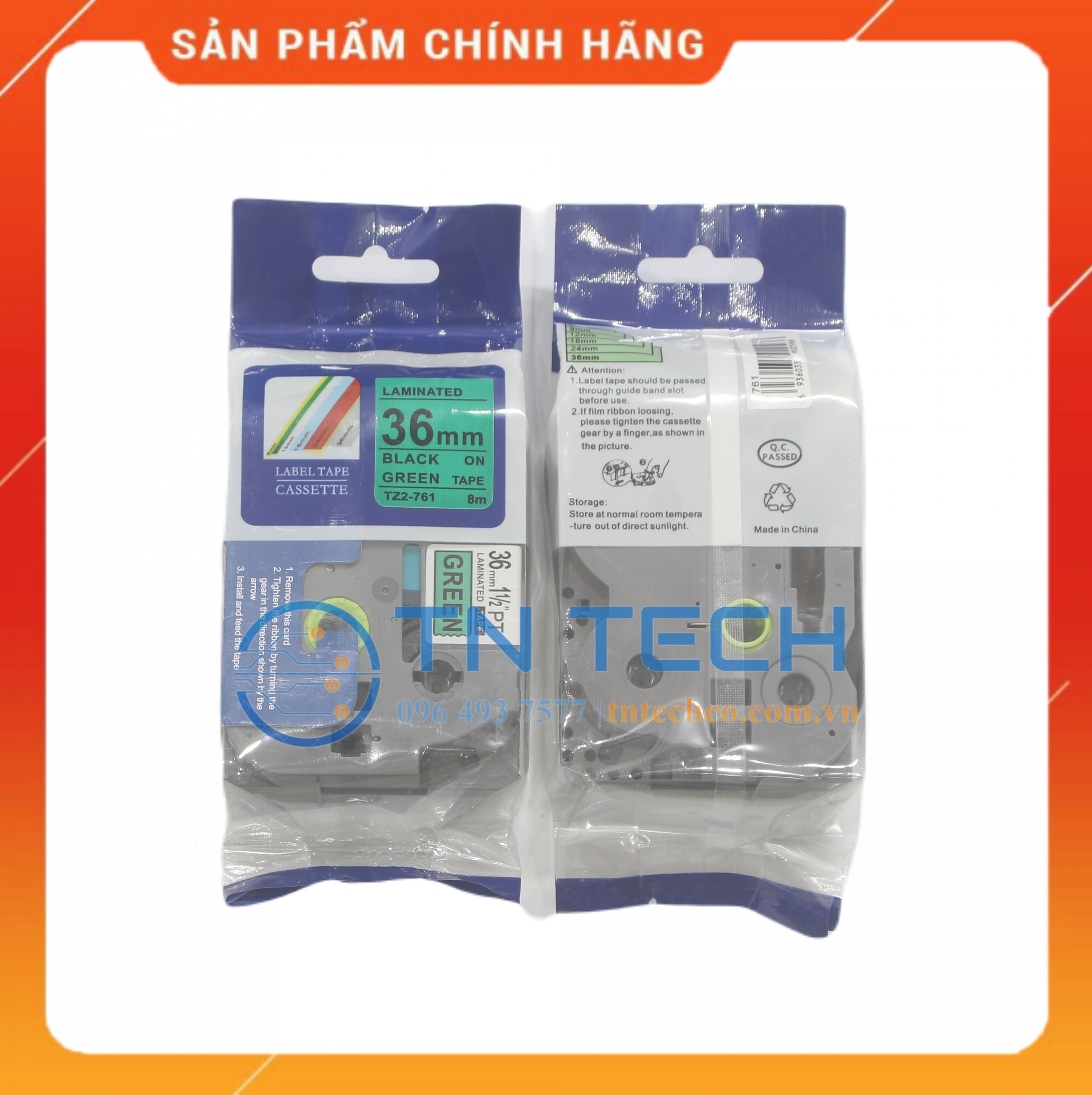 Nhãn In Tz2-761 - Đen nền xanh lá 36mm x 8m - Dùng cho máy in BROTHER - AIMO - PUTY [Hàng nhập khẩu]