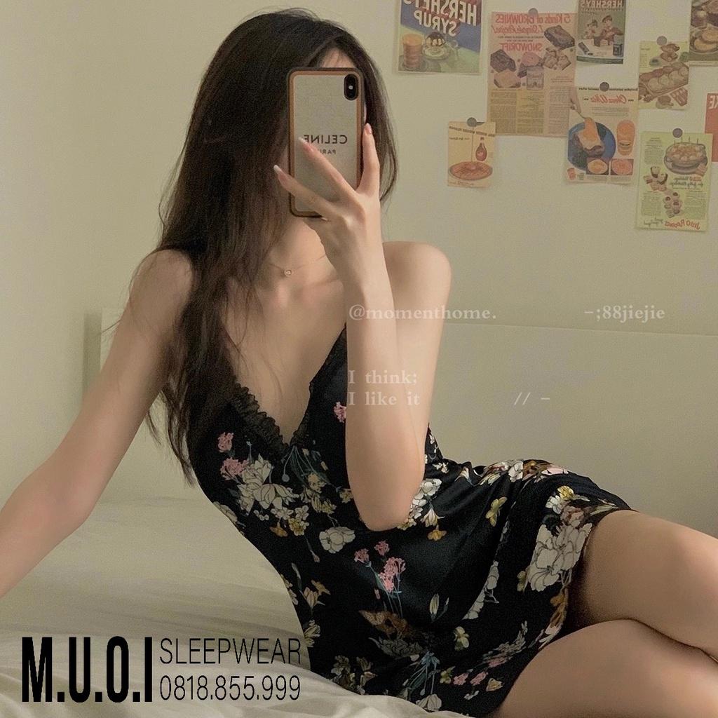 Váy ngủ lụa hoa ban xẻ đùi sexy kèm mút ngực 2021️️Đầm mặc nhà gợi cảm QUẢNG CHÂU Muối store V59( video- ảnh)