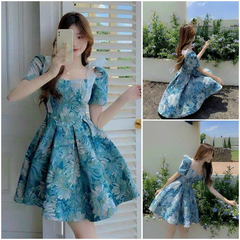Đầm xoè hoa tay phồng kèm nơ vai duyên dáng