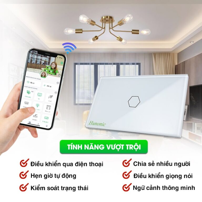 Công tắc cảm ứng [ĐIỀU KHIỂN TỪ XA BẰNG ĐIỆN THOẠI] HUNONIC - 1 nút bấm- hàng chính hãng