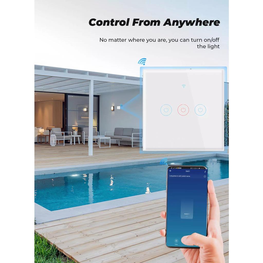 Công Tắc Thông Minh Wifi Mặt Vuông (Không Cần Dây N). Điều Khiển Từ Xa Bằng Điện Thoại Dùng App. Smart Life/ Tuya