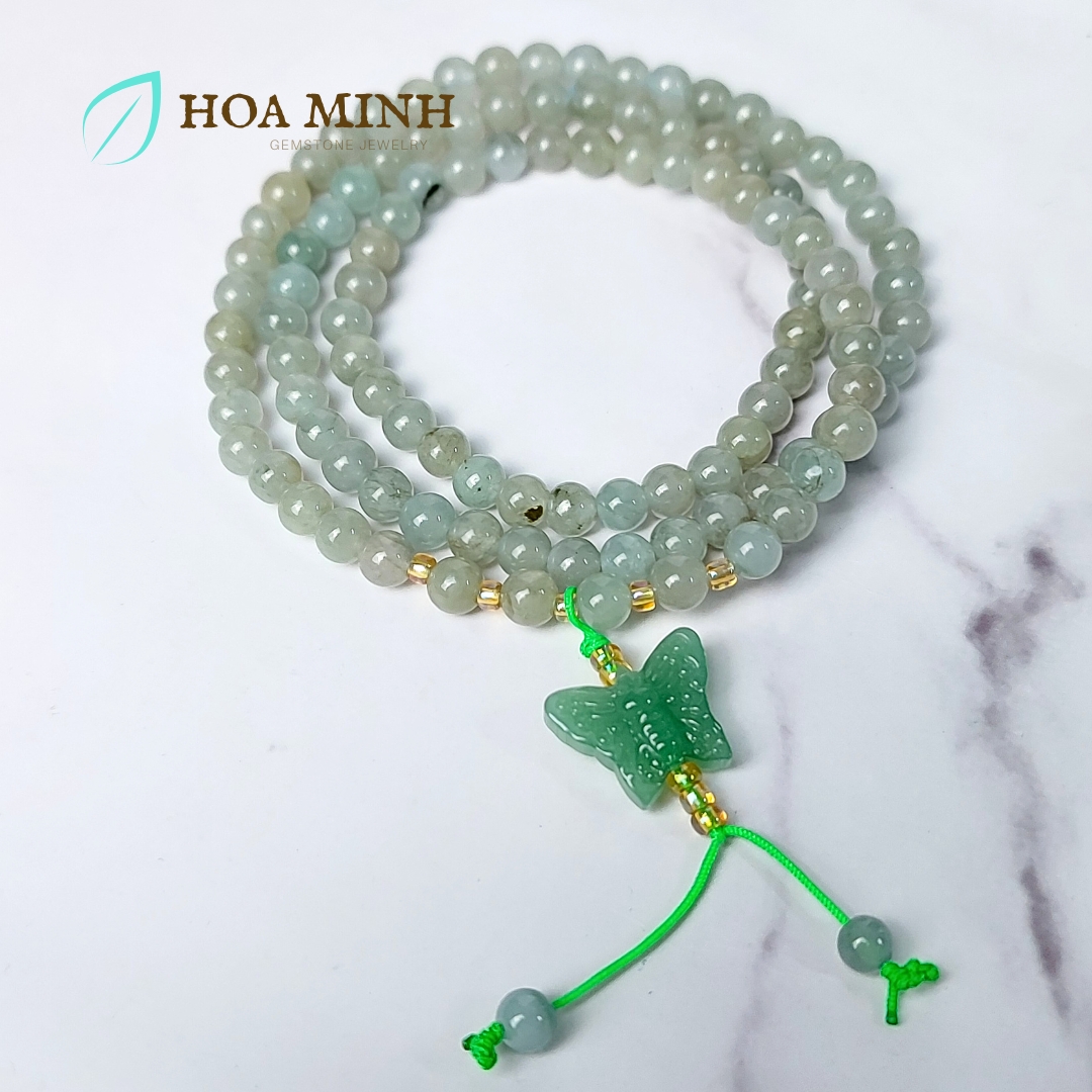 Vòng tay chuỗi 108 hạt Ngọc Cẩm Thạch Lam Dầu A size 5.3 li phối charm đá thạch anh aventurine mỹ miều tuyệt đẹp