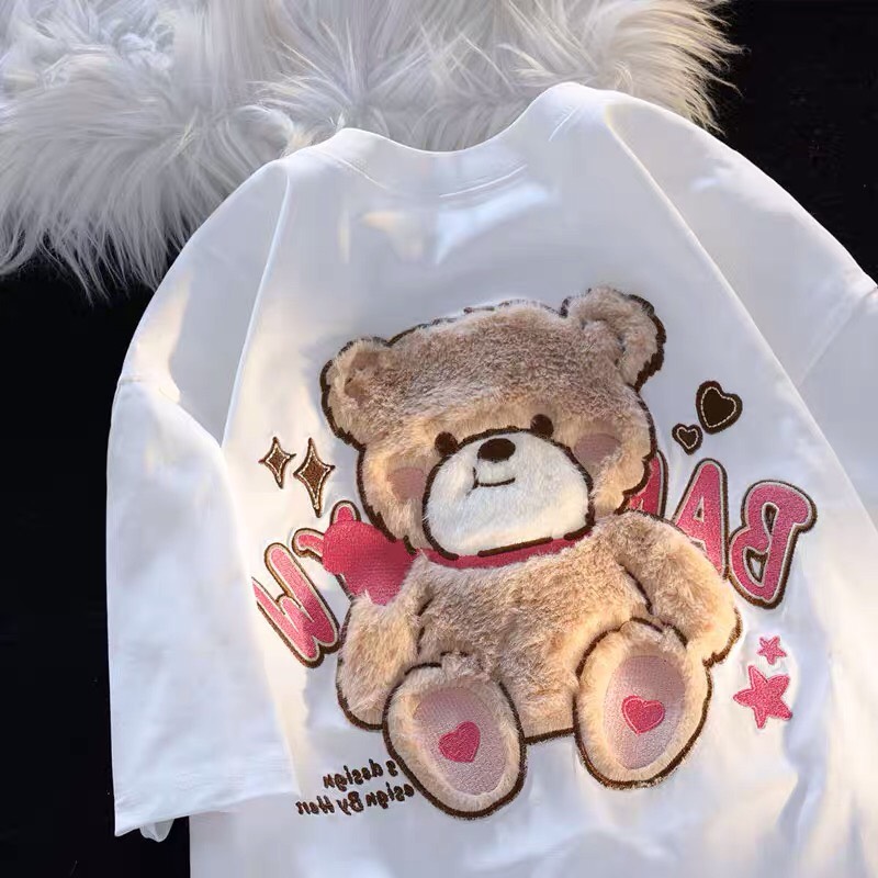 Áo phông nam nữ form rộng 2N Unisex thun cotton in hình gấu Barrow thêu lông màu trắng/be