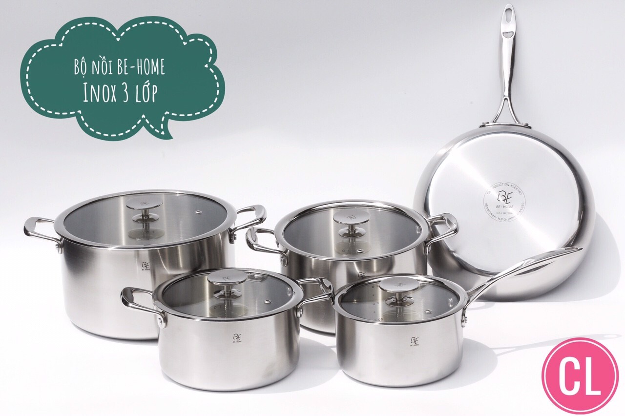 Bộ nồi BEHOME Inox 3 lớp - 5 món Vung kính