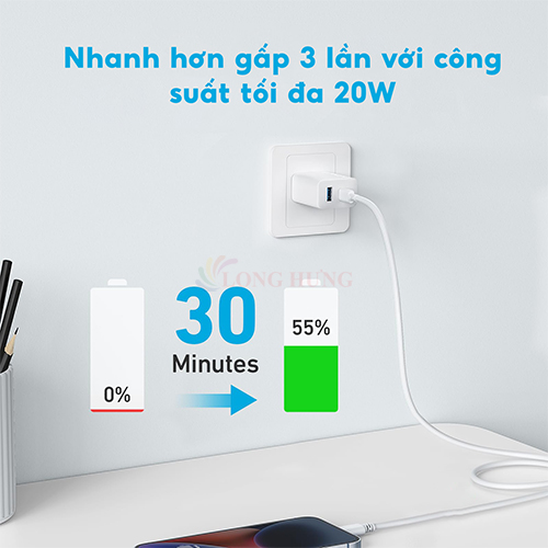 Cốc sạc Anker 1USB 1Type-C 20W A2348 - Hàng chính hãng