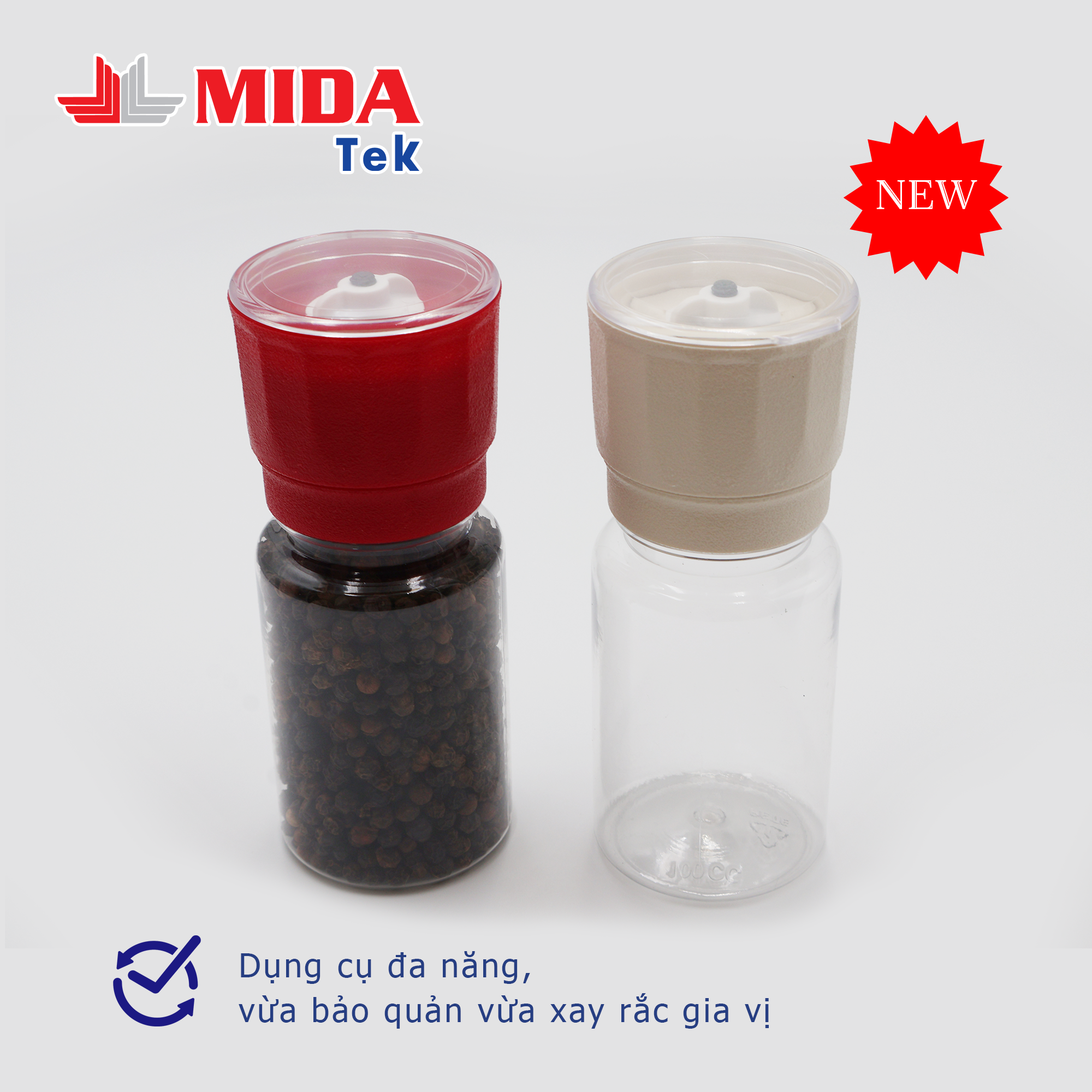 Dụng cụ xay tiêu MIDATEK cối xay ceramic Màu Kem chai nhựa dung tích 100ml miệng hũ 38mm