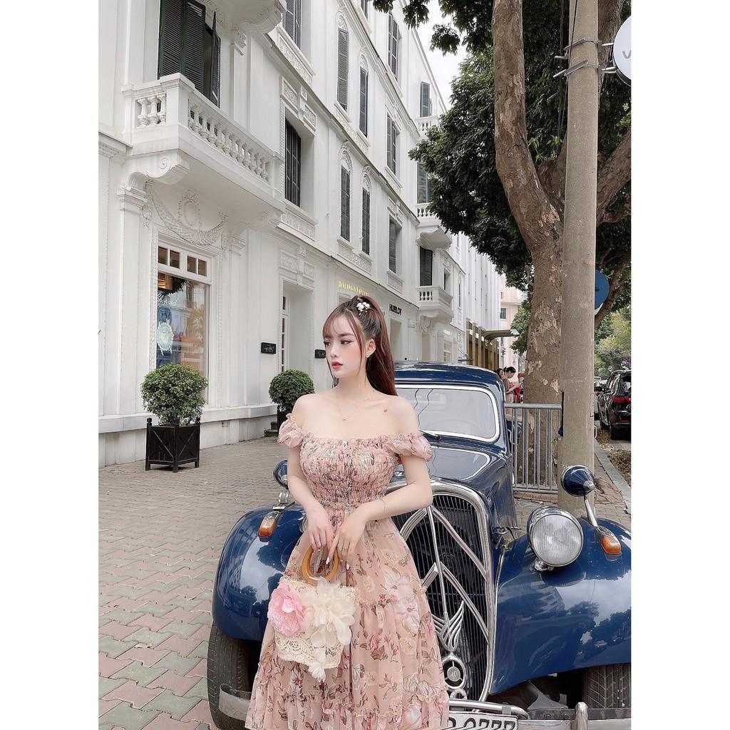Đầm Maxi Hoa Dáng Xòe Trễ Vai Nhúng Ngực - Vải Voan - 2 Màu Hồng, Xanh - Dành Cho Nàng Đi Chơi - ẢNH THẬT