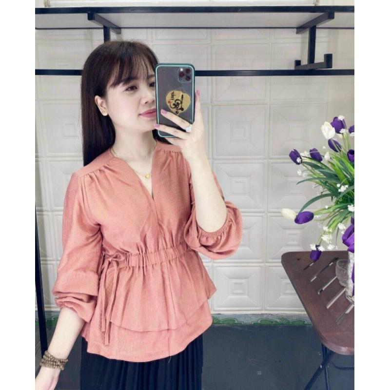 Áo Dài Tay Nữ, Cổ V, Bo Chun Eo, Chất Nhung Tăm