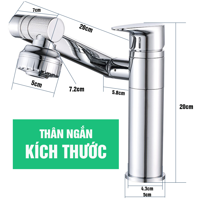 Vòi rửa mặt Lavabo cổ xoay 720 độ đa chiều, củ đồng, thân ngắn, mạ Crom, điều chỉnh nhiều chế độ tia nước Minh House