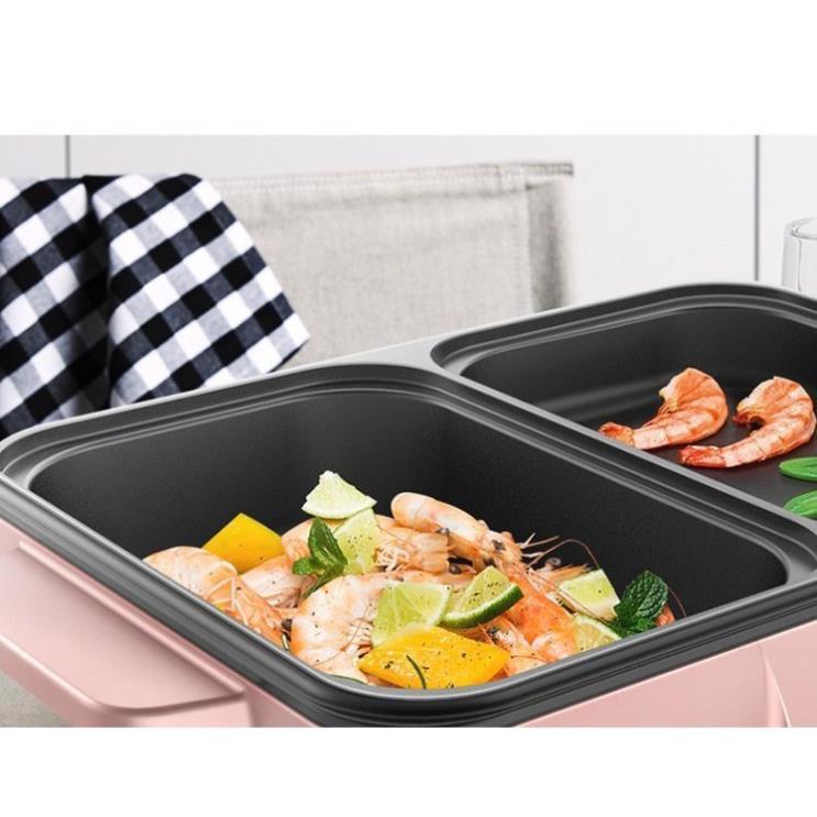 Bếp Điện Mini 2 Ngăn,Nồi Lẩu Nướng Đế Chống Dính | Công Dụng 5 Trong 1
