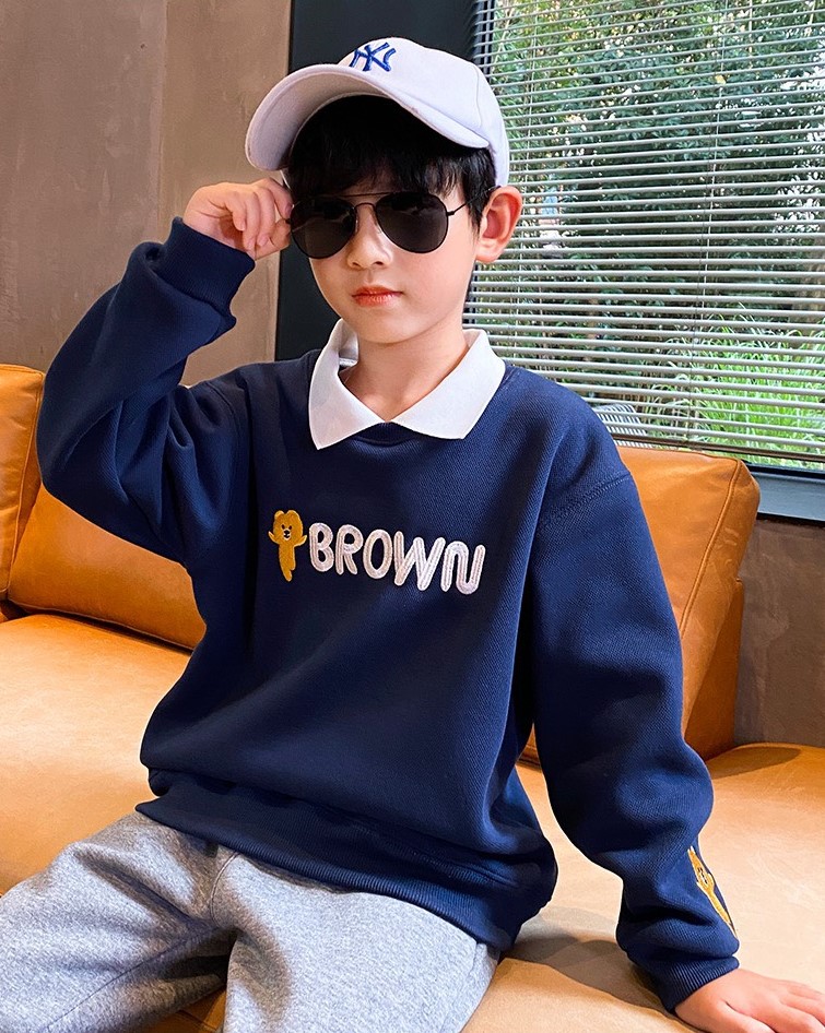 Áo thu đông bé trai, bé gái &quot;BROWN&quot; 14-45kg, Áo nỉ sweater ấm áp cho bé 4-15 tuổi. Vải da cá dày dặn. Hàng may kỹ. G48