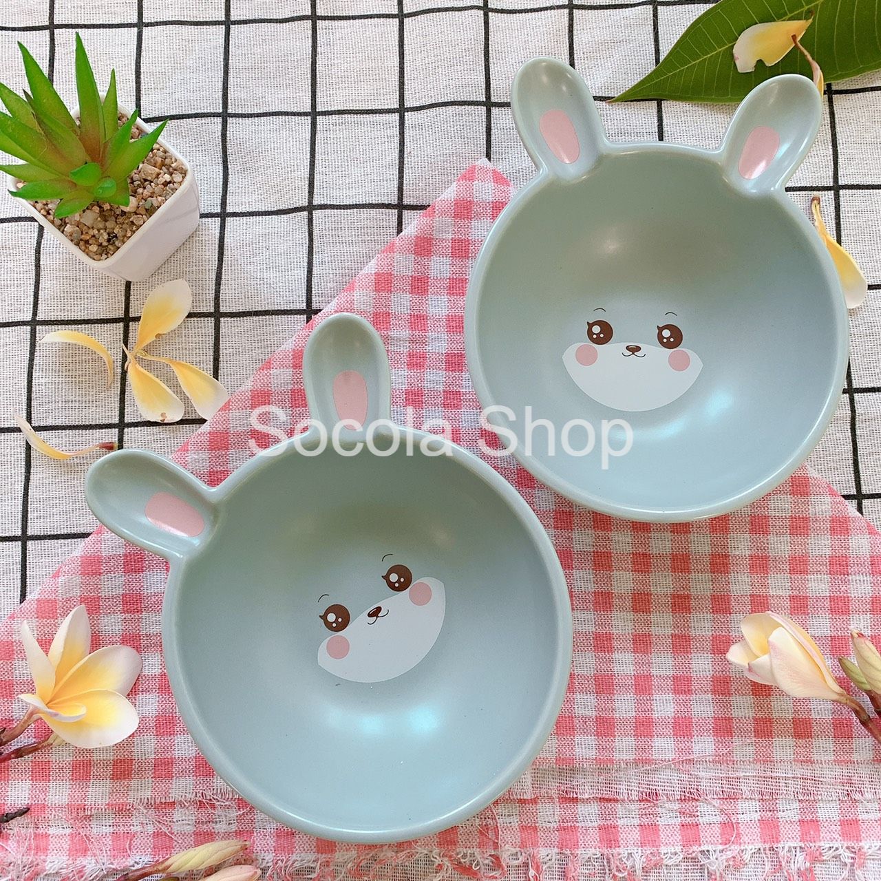 Chén Bát Ăn Cơm Bằng Sứ Hình Thỏ Xanh