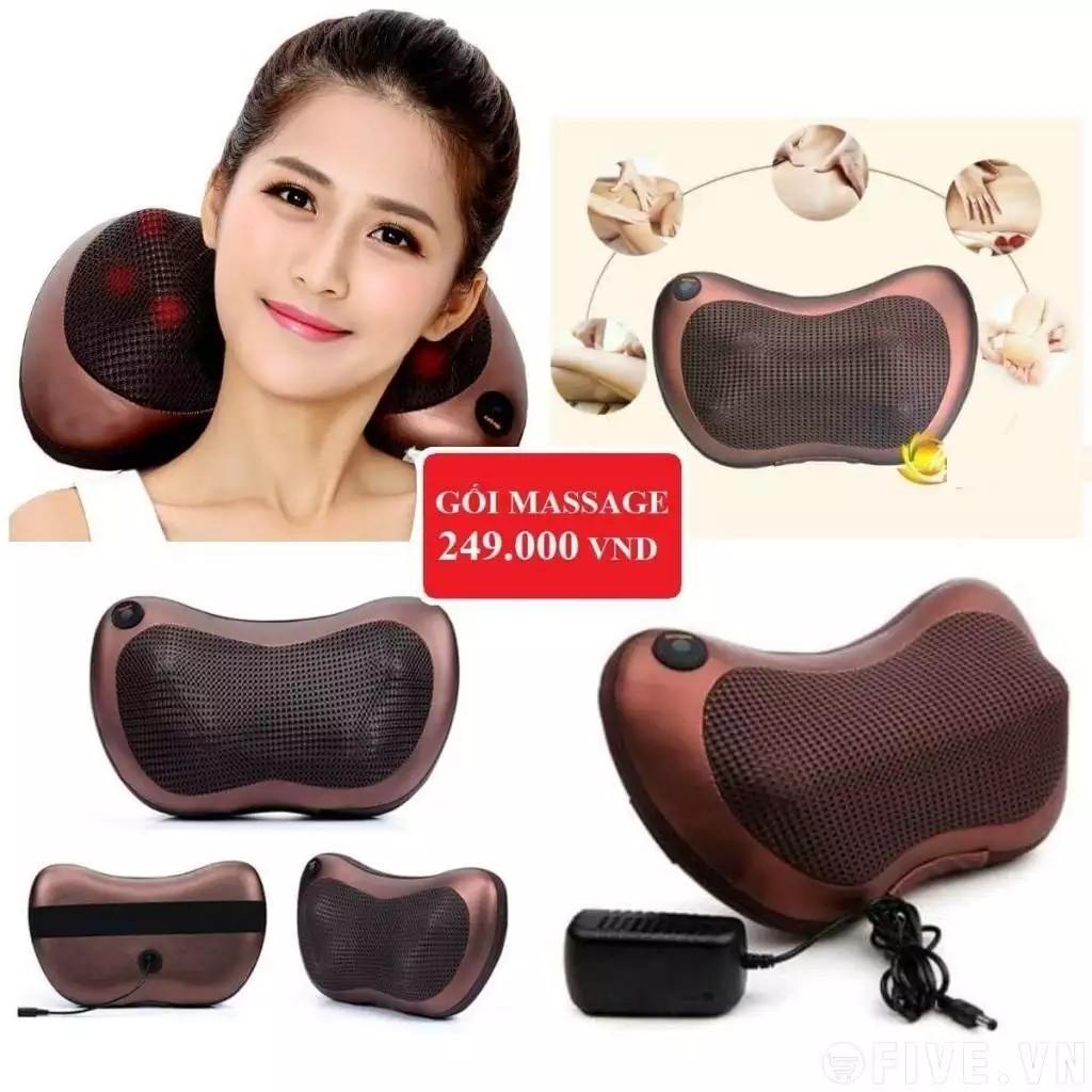 Gối mát-xa hồng ngoại Massage Pillow nâu 8 bi nhật bản + Tặng máy mát xa cá heo cao cấp