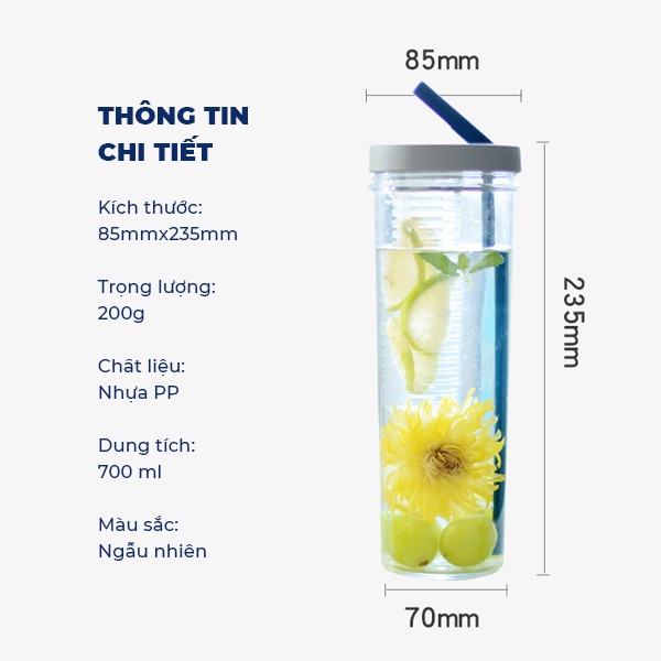 [Tặng Kèm Sticker] Bình Nước Detox Có Khay Lọc Trà, Chất Liệu Nhựa Trong Suốt - Bình Nước Có Ống Hút Dung Tích 700ml