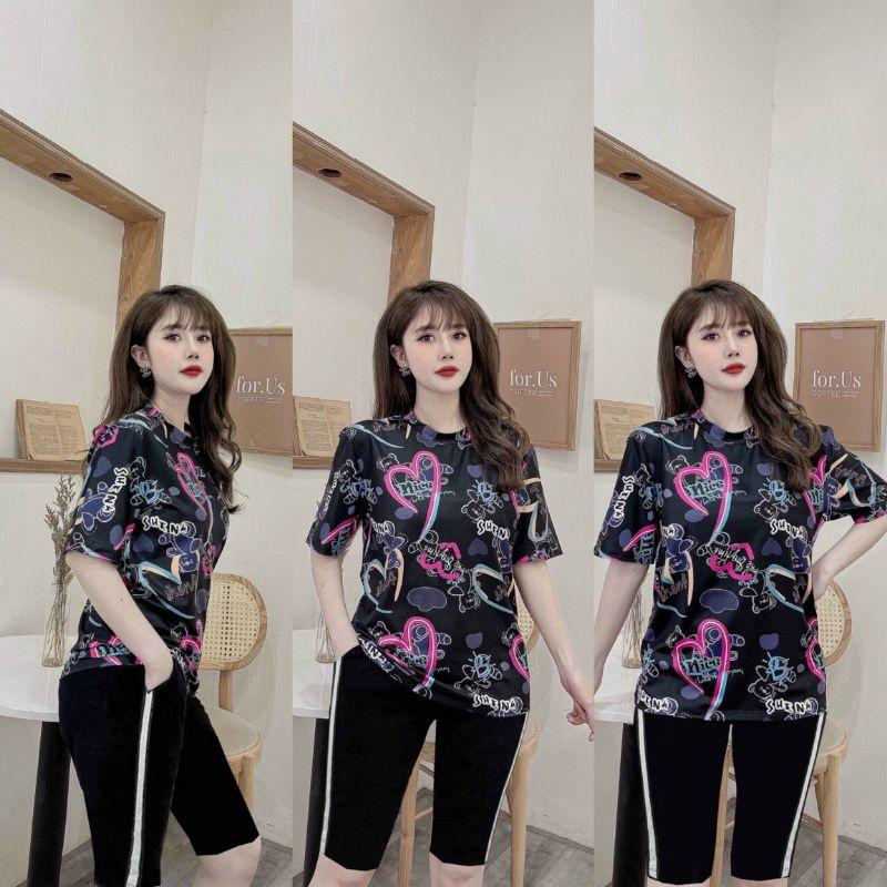 HÀNG CAO CẤP- Sét bộ thun lửng quần ngố áo form rộng in họa tiết trái tim siêu xinh