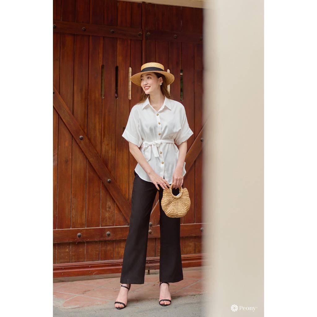 Áo sơ mi nữ trắng, dáng freesize, tay cánh rơi, ngắn tay, chất sợi sen thoáng mát, kèm đai rời Peony - OLIVIA TOP