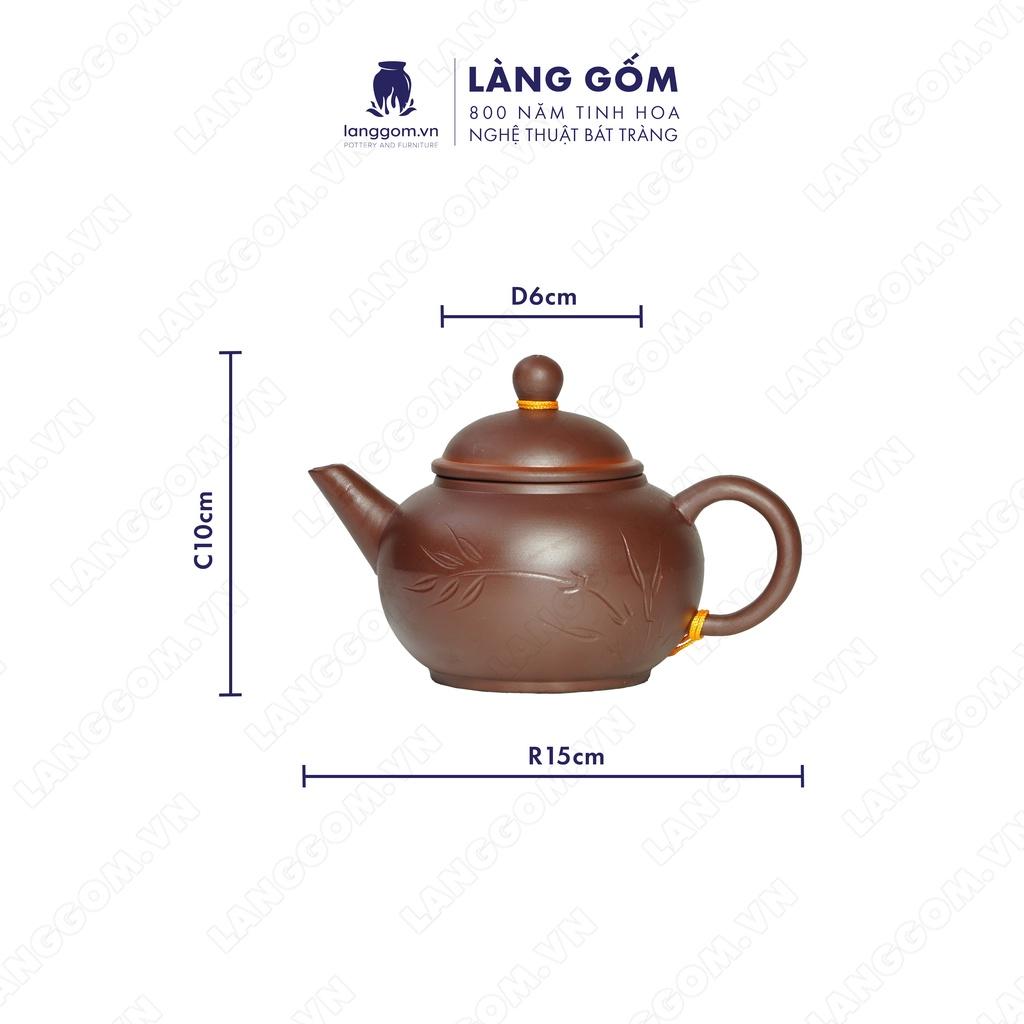 Bộ ấm chén đất nung khắc trúc nhỏ + đĩa tách - Men mộc - Gốm sứ Bát Tràng - langgom.vn