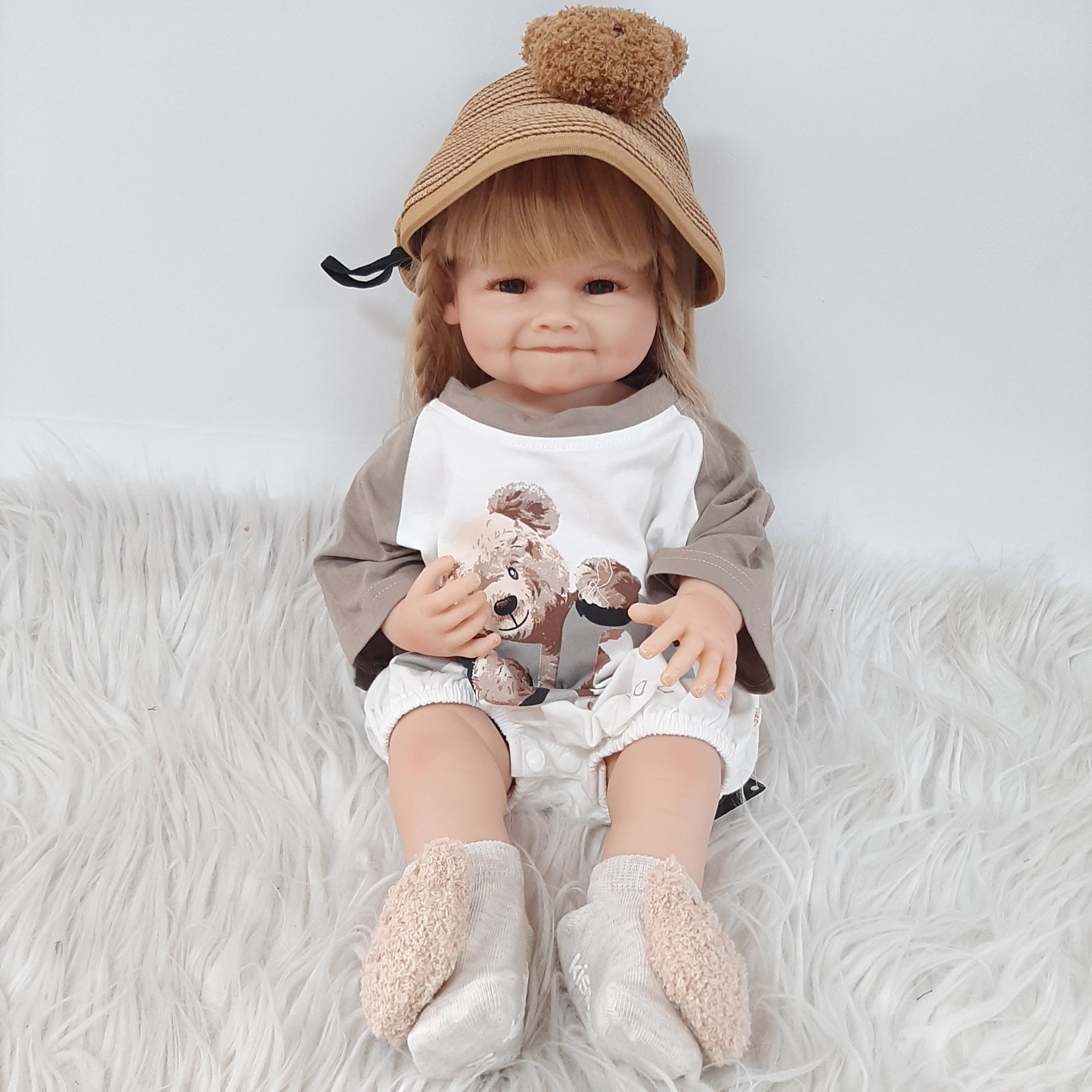 Búp Bê Bé Gái  Cười Mỉm Tái Sinh Thân Nhựa Mềm 55CM _ Reborn Body Full Silicone 22inch Doll