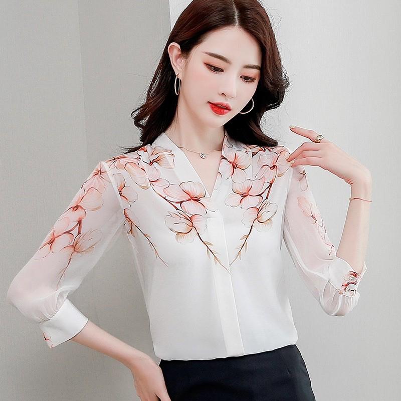 Sơ mi nữ dài tay_sơ mi cổ v vai hoa chất liệu nhẹ thoáng mát
