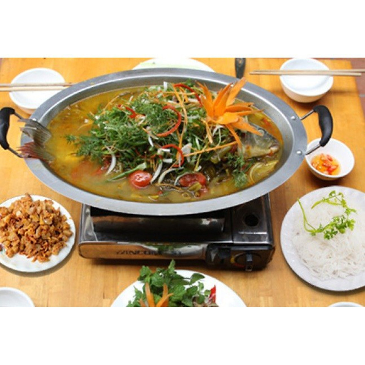 Khay lẩu cá chép om dưa dùng được tất cả các loại bếp nhiệt bếp từ, bếp ga , điện