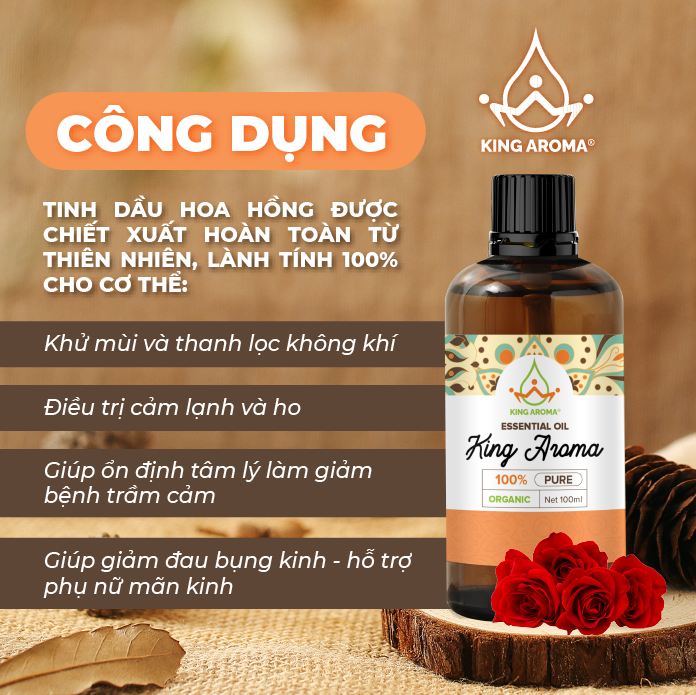 Tinh Dầu Thiên Nhiên Hoa Hồng KING AROMA mẫu thử 30ml/ 100ml - Tinh Dầu Nguyên Chất Xông Thơm Phòng/ Thư Giãn Tinh Thần/ Thích Hợp Dùng Với Đèn Xông và Máy Khuếch Tán.