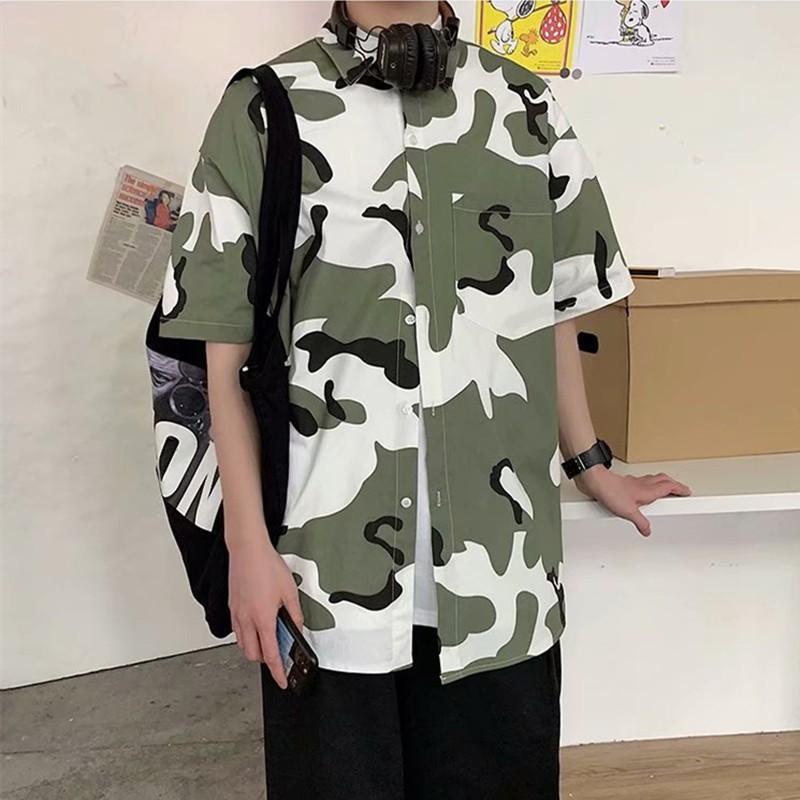 Áo sơ mi nam ngắn tay dáng rộng họa tiết rằn ri thời trang mùa hè thoải mái