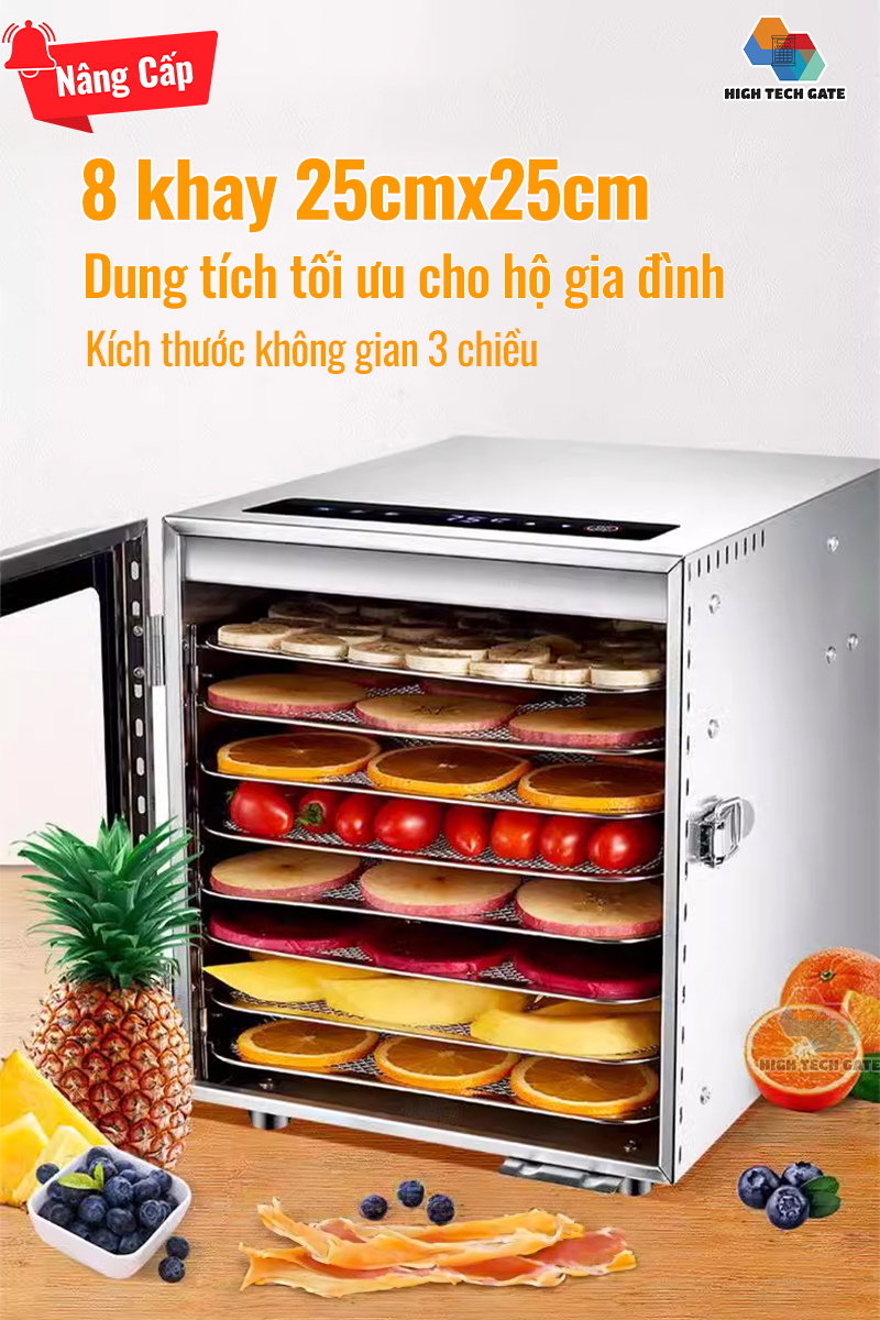 Máy Sấy Thực Phẩm Inox HTG 8 khay DBC08-A01 Sấy Khô Hoa Quả, Thịt, Đồ Ăn, Tia UV Khử Khuẩn, Hẹn Giờ, Hàng Chính Hãng
