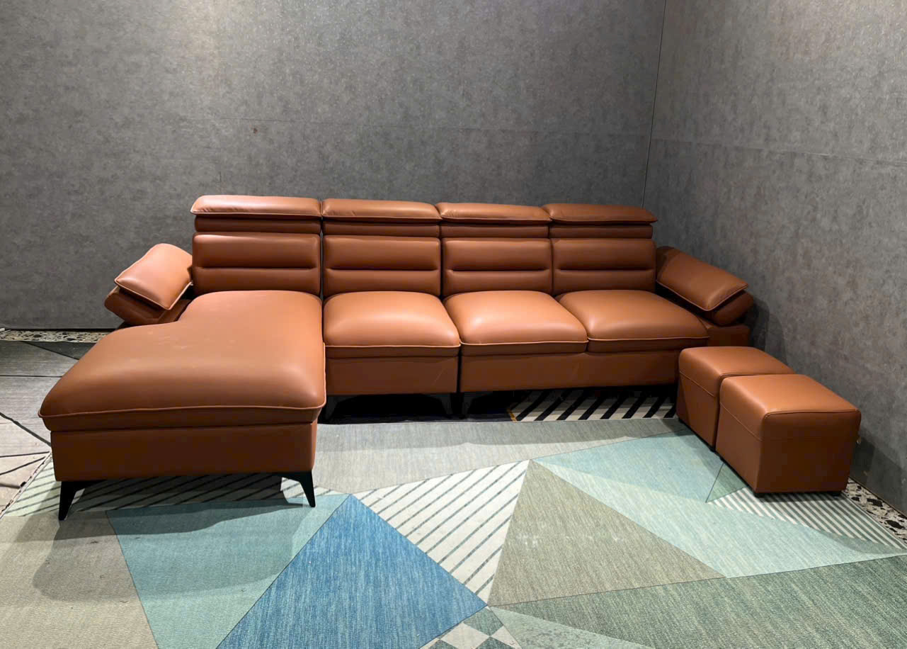Sofa phòng khách Tundo da góc NK2025 đầu bật KT 3m1 x 1m8 kèm 2 đôn vuông