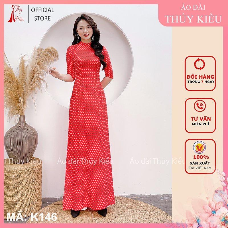 Áo dài nữ may sẵn đẹp thiết kế truyền thống cách tân tết nền đỏ chấm bi K146