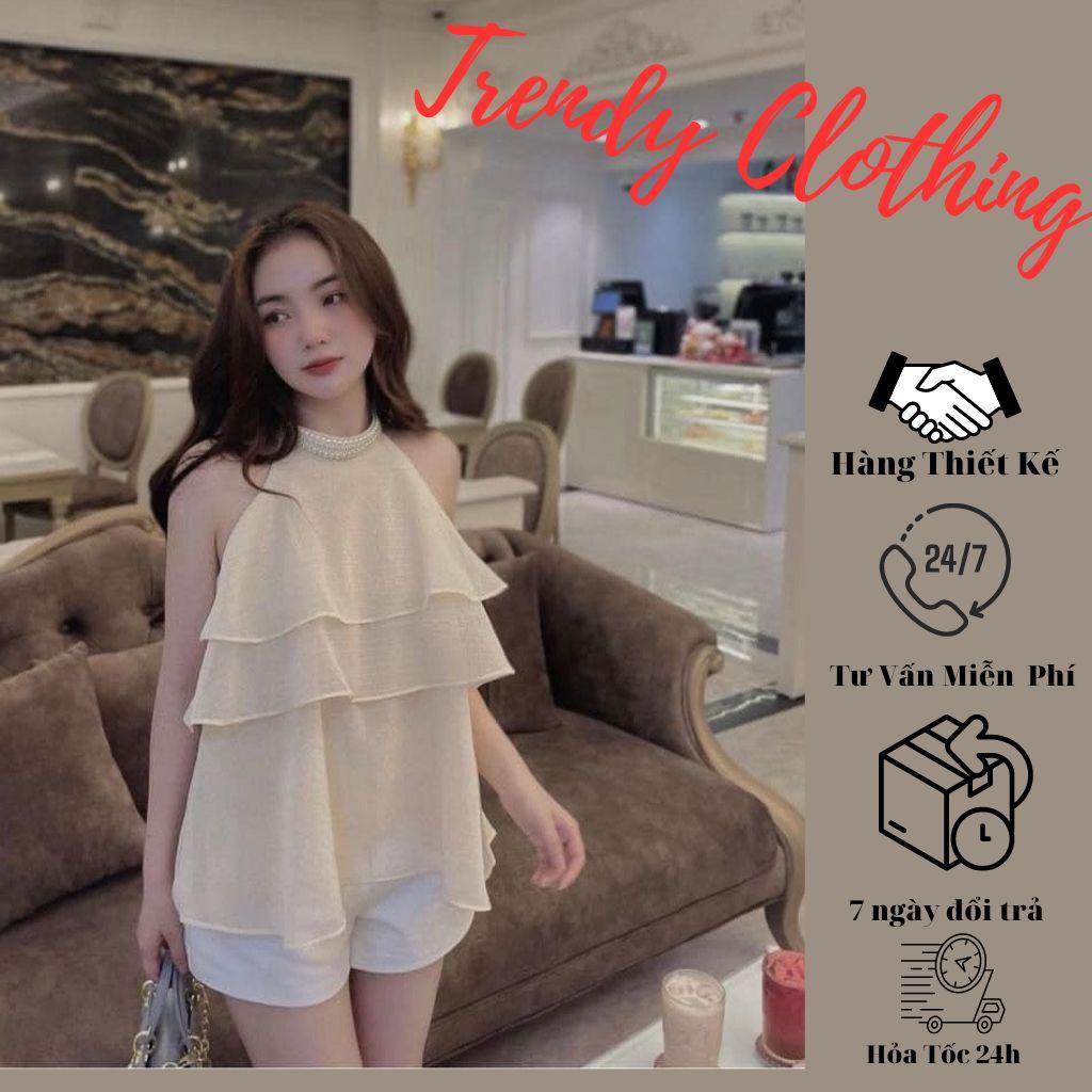 Áo kiểu, Áo yếm, áo cổ yếm đính ngọc tơ đũi xếp tầng xòe phong cách Trendy Clothing D8