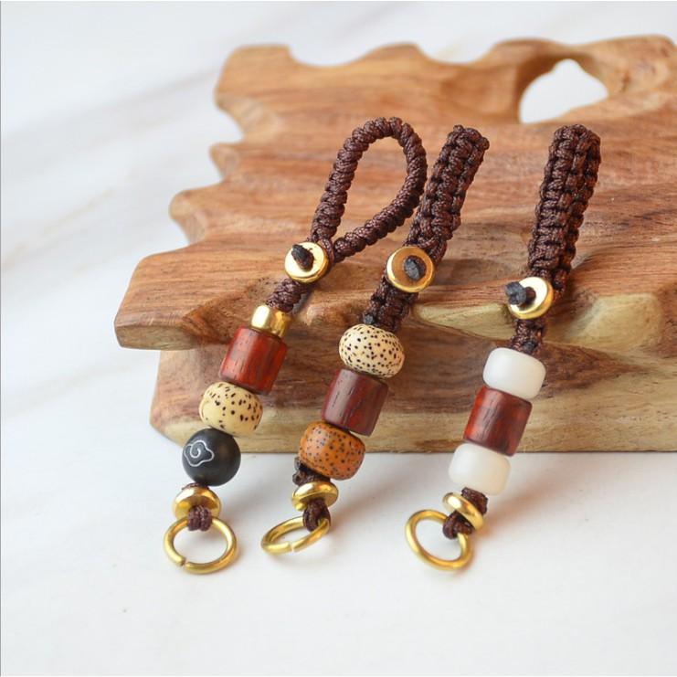 *HN* Dây thừng tết móc chìa khóa, charm gắn sẵn hạt bồ đề, ngọc trắng, gỗ mun vân mây đẹp, độc, hợp lý