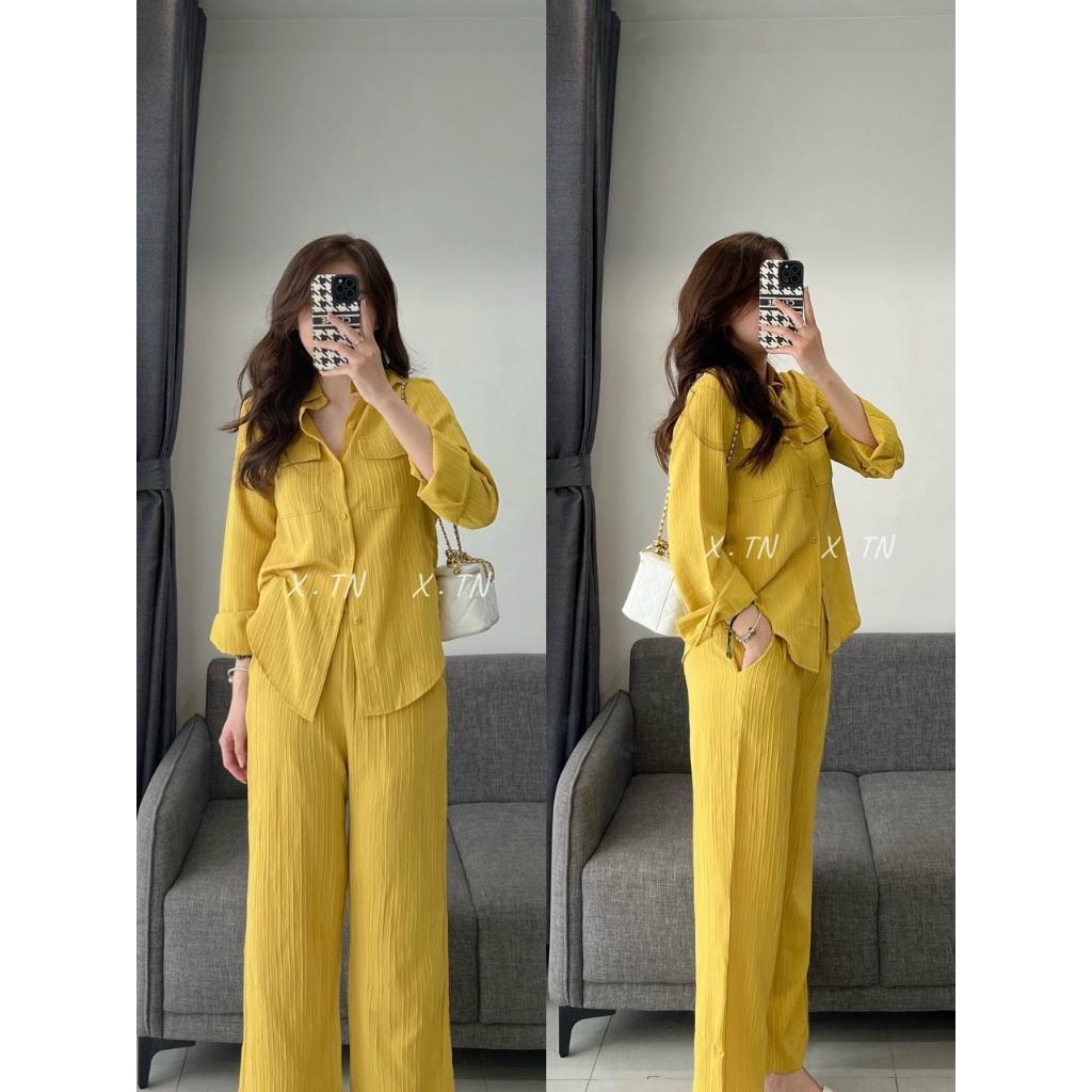 SET BỘ ĐŨI ÁO SƠ MI TAY DÀI SANG TRỌNG KÈM QUẦN ĐŨI SỌC CÙNG TONE TRẺ TRUNG TÔN DÁNG