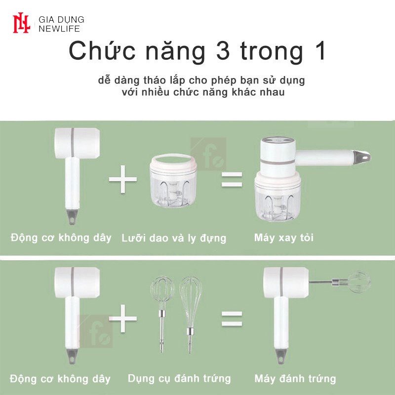 Máy Đánh Trứng 3 trong 1 đa năng pin sạc S170 - Máy xay thịt tỏi ớt hạt tiêu, đánh sữa cafe mini không dây - Thương Hiệu DORON