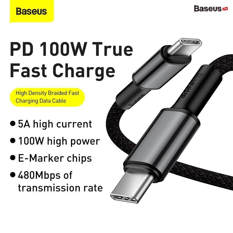 Cáp sạc nhanh siêu bền C to C Baseus High Density Braided PD 100W (5A/20V, E-marker Chip, Type C to Type C Fast Charging Data Cable) Hàng Chính Hãng