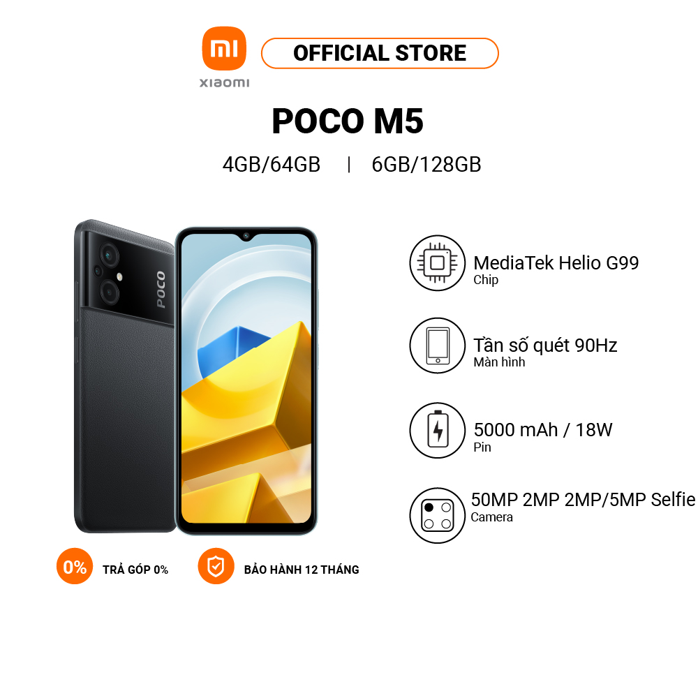 Điện thoại POCO M5 4GB+64GB/6GB+128GB | Pin 5000mAh | MediaTek Helio G99 | Sạc nhanh 18W - Hàng chính hãng