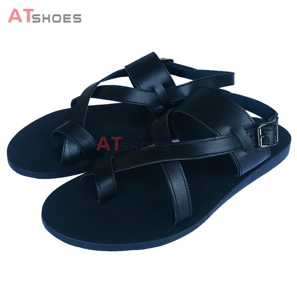 Dép Sandal Unisex cc Da Bò Thật Sandal xỏ ngón nam nữ chuẩn kiểu HQ Trẻ Trung - XDxn203(Đen- đế vàng)