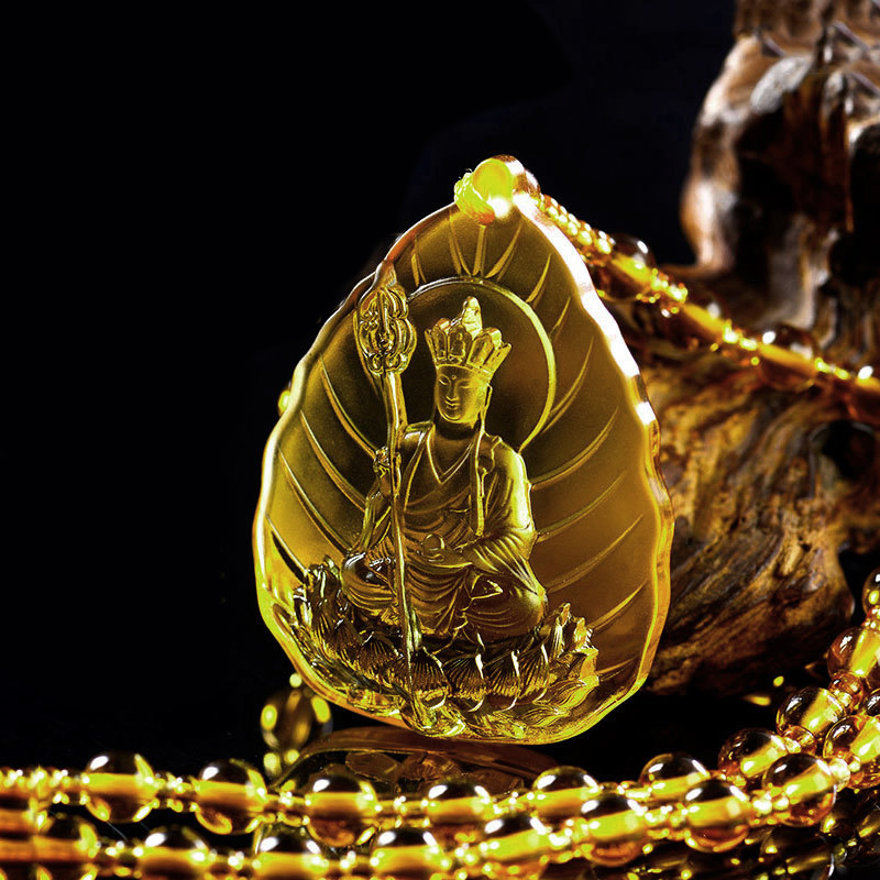 Dây chuyền, vòng cổ - Chuỗi hạt đeo cổ mặt phật Địa Tạng Vương Bồ Tát tựa lá đề (màu vàng)