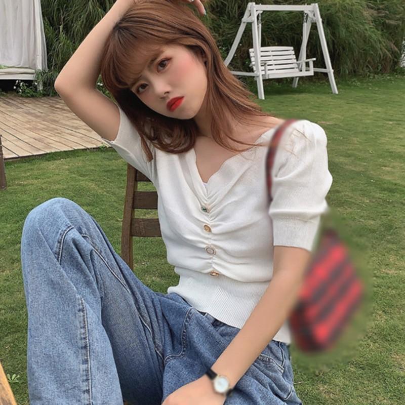 Áo Thun Dệt Kim Tay Phồng Cổ Chữ V Màu Trơn Thời Trang Cho Nữ