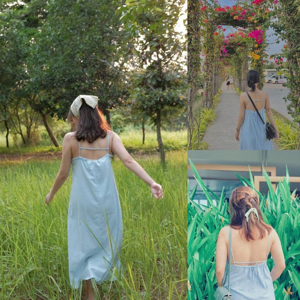 Đầm 2 dây maxi đi biển, Đầm yếm form rộng dáng suông Cao Cấp màu xanh dương dài hở lưng cột nơ sau - MiNhi