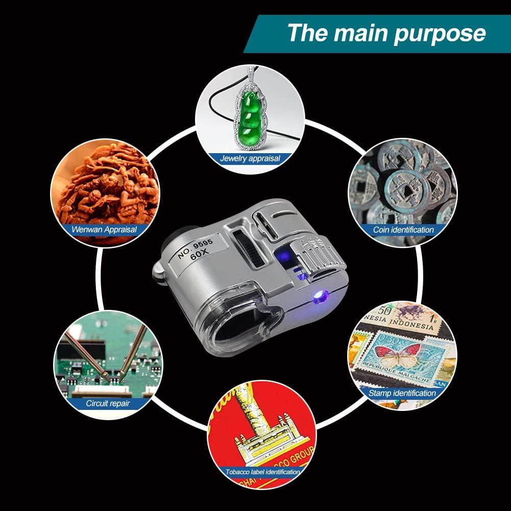 Kính Hiển Vi Mini 60x, Kính Lúp Kính Hiển Vi Bỏ Túi Mini Có Đèn LED Và Kính Lúp Có Đèn UV Phát Hiện Trang Sức Filatelia