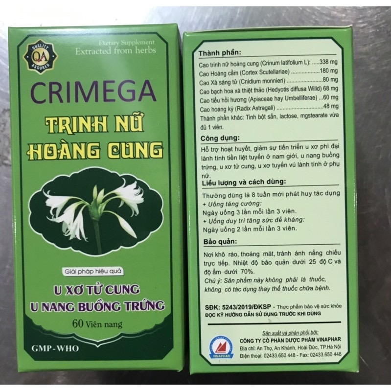 ￼Viên uống TRINH NỮ HOÀNG CUNG  CRIMEGA Vinaphar - Hôp 60 viên -Hỗ trợ u xơ tiền liệt tuyến, u xơ vú, u nang buồng trứng