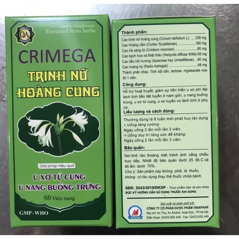 Viên uống TRINH NỮ HOÀNG CUNG CRIMEGA Vinaphar - Hôp 60 viên -Hỗ trợ u xơ tiền liệt tuyến, u xơ vú, u nang buồng trứng