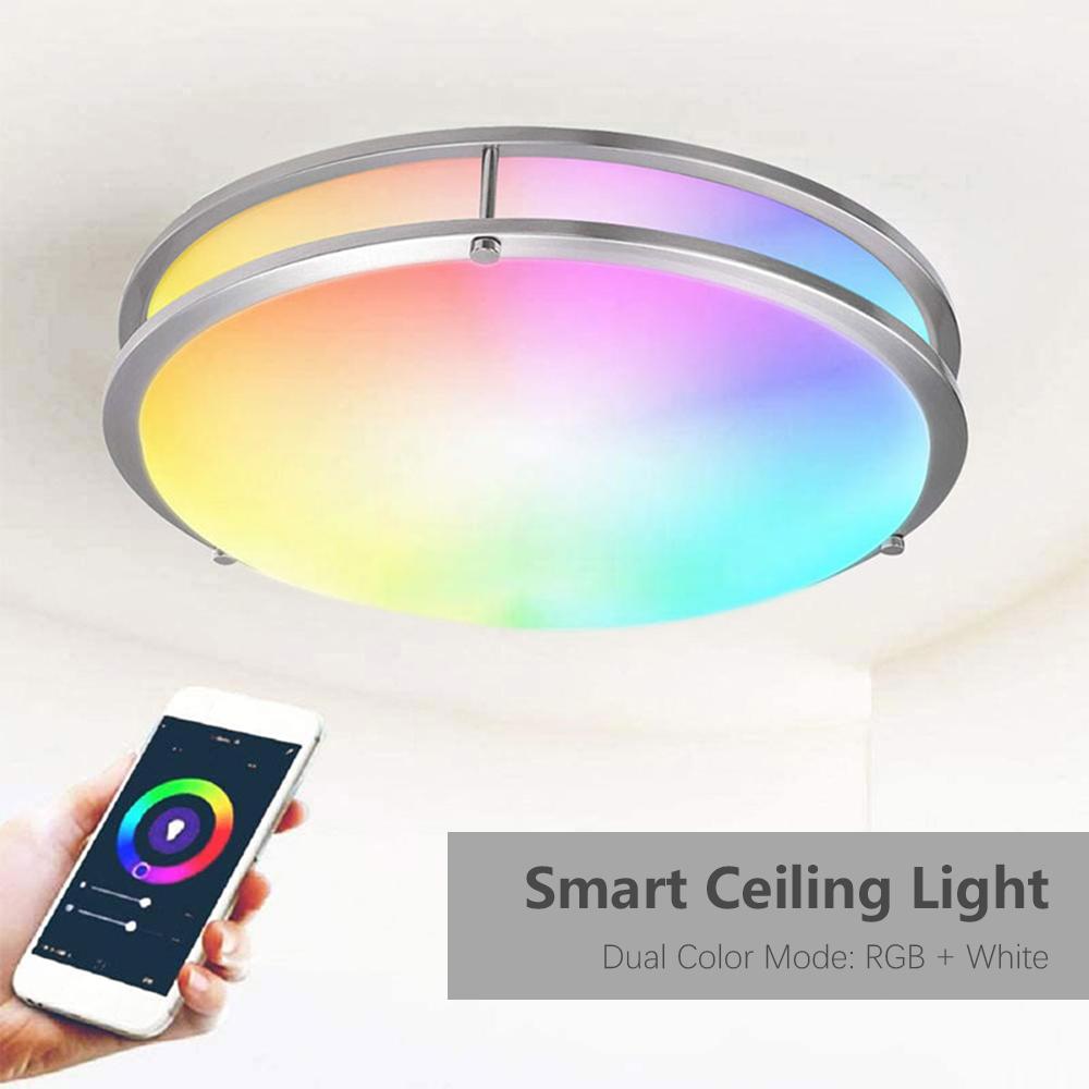 Smart Ceiling Light 14-inch 18W Flush Mount Wi-Fi Ceiling Lamp 2700K-6500K White & RGB Multicolored Dimmable Ceiling