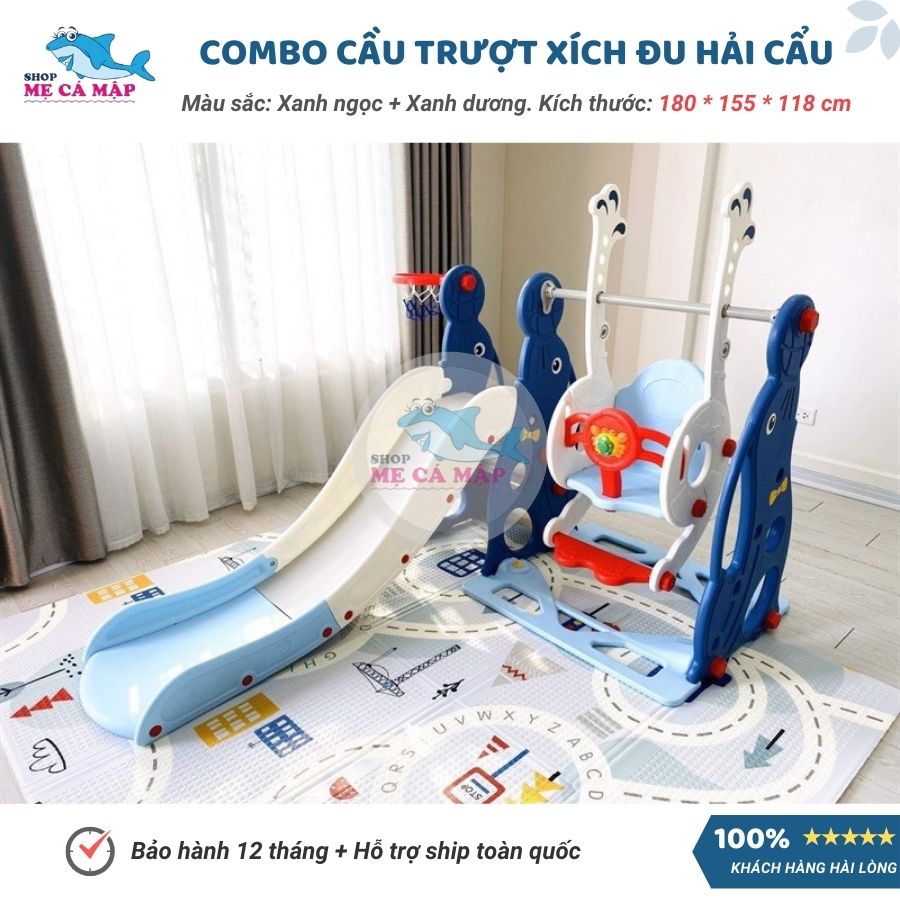 Combo cầu trượt xích đu Hải Cẩu, TẶNG KÈM BỘ BÓNG RỔ , cầu trượt cho bé chịu tải trọng 80kg