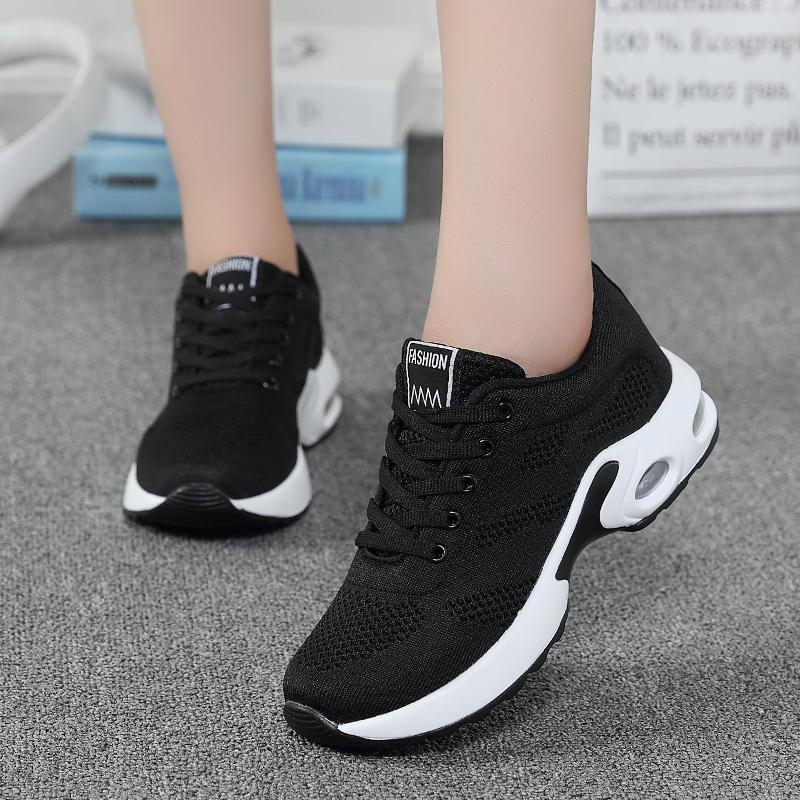 Thời Trang Nữ Đệm Không Khí Thể Thao Chạy Phẳng Đế Mềm Giày Lưới Thoáng Khí Giày Thường Color: Black Shoe Size: 38
