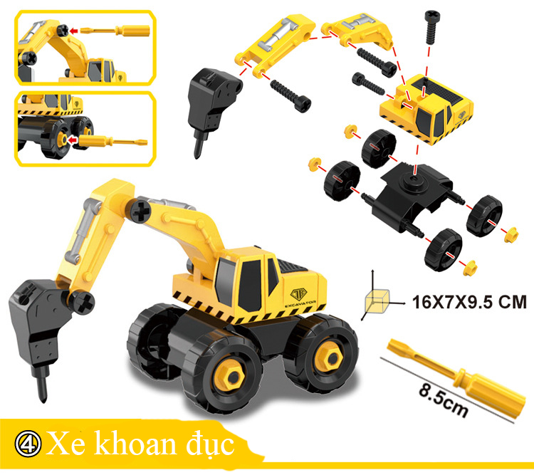 Bộ đồ chơi lắp ráp xe công trình KAVY gồm 6 xe kèm hộp đựng, tua vít, nhựa nguyên sinh kích thích tính thực hành của bé