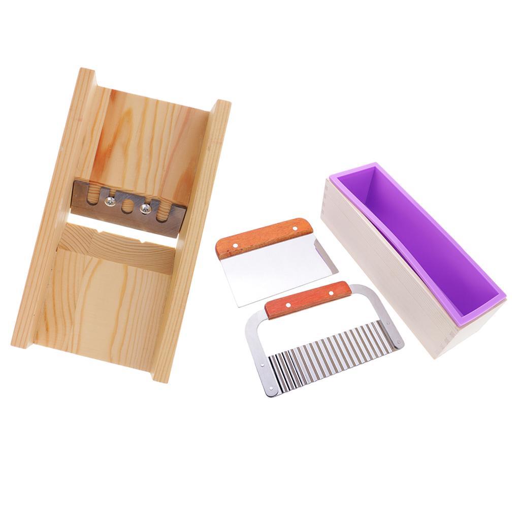 Adjustable Wooden Soap Loaf Cutter Planer + Rectangle Silicone Soap Mould + 2pcs Wavy &amp; Straight DIY Making Loaf Cake Soap Cutter