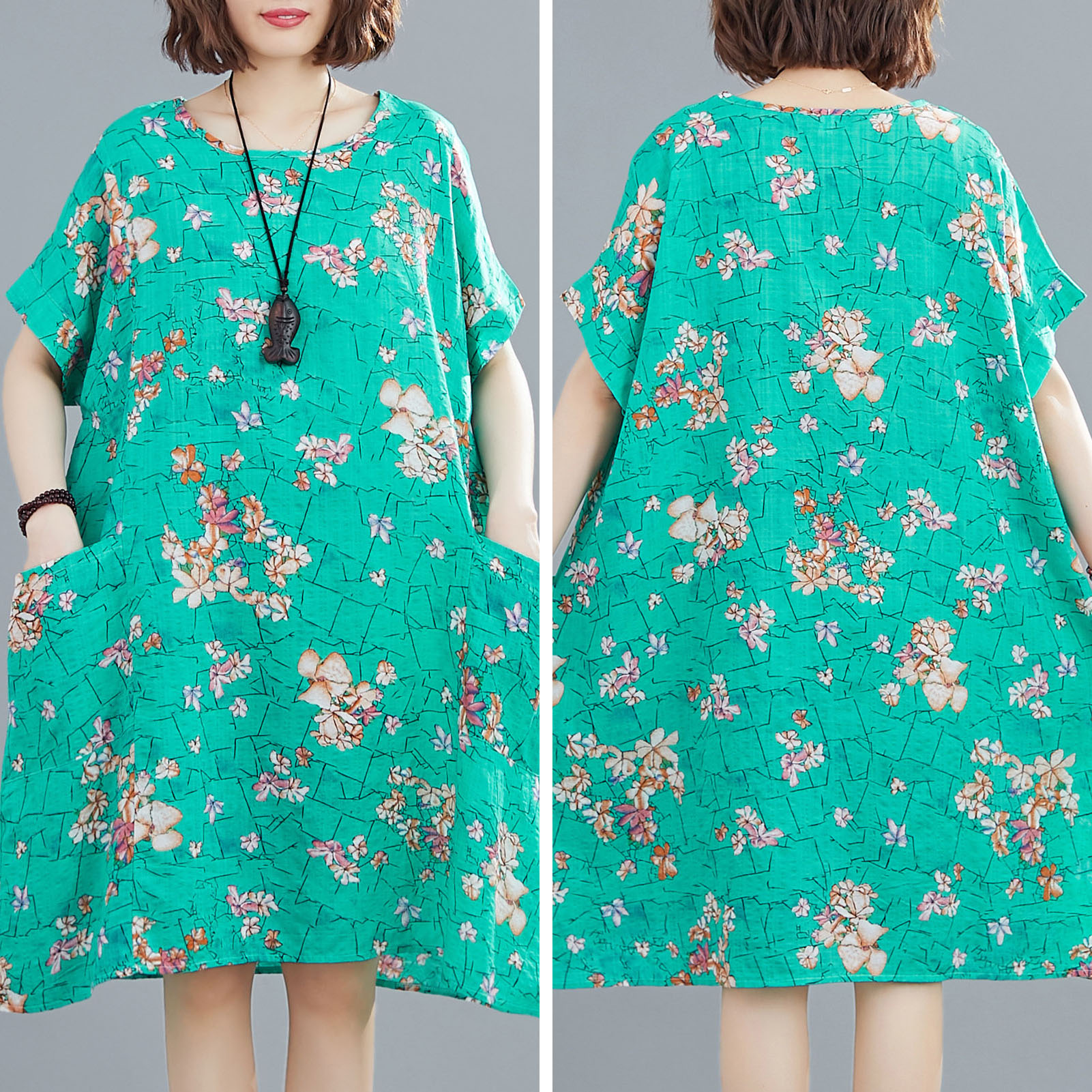 Women Loose Dress Vintage Floral Print Pockets Short Sleeve Oversized Holiday Boho Casual Shift Dress